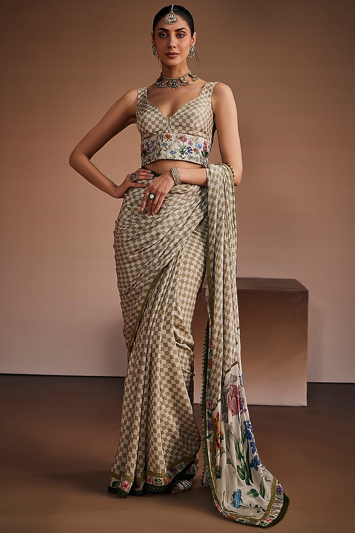 Beige Silk Floral & Checkered Printed Wedding Saree Set by The Royaleum Atelier at Pernia's Pop Up Shop