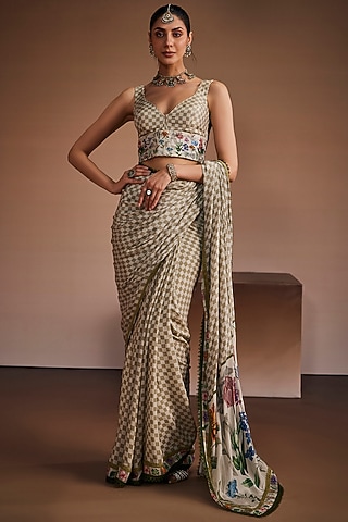 Beige Silk Floral & Checkered Printed Saree Set by The Royaleum Atelier
