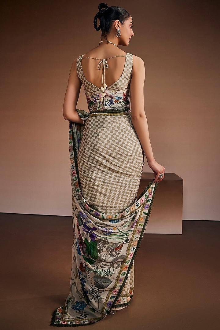 Beige Silk Floral & Checkered Printed Wedding Saree Set by The Royaleum Atelier at Pernia's Pop Up Shop
