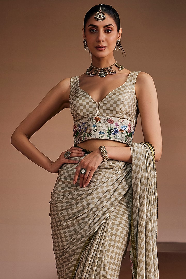 Beige Silk Floral & Checkered Printed Wedding Saree Set by The Royaleum Atelier at Pernia's Pop Up Shop