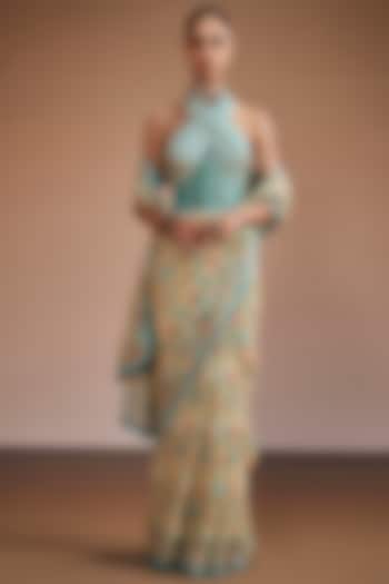 Multi-Colored Silk Floral Printed Party Wear Saree Set by The Royaleum Atelier at Pernia's Pop Up Shop