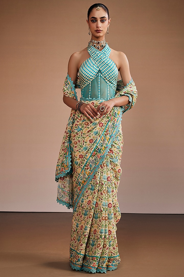 Multi-Colored Silk Floral Printed Party Wear Saree Set by The Royaleum Atelier at Pernia's Pop Up Shop