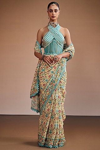 Multi-Colored Silk Floral Printed Saree Set by The Royaleum Atelier