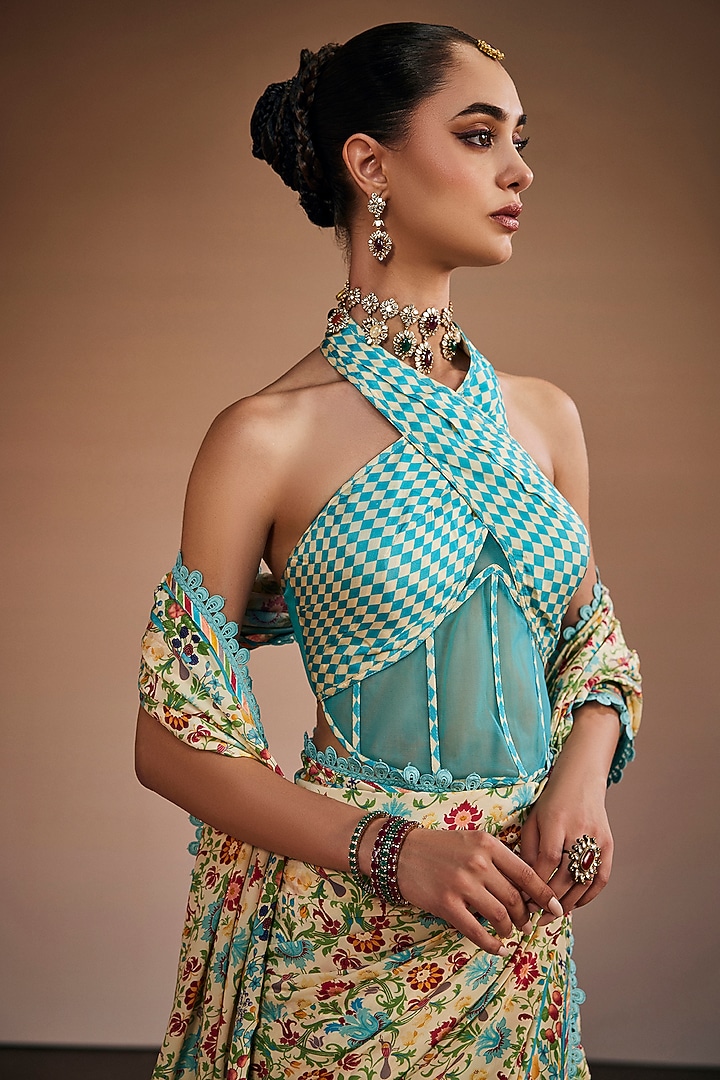 Multi-Colored Silk Floral Printed Party Wear Saree Set by The Royaleum Atelier at Pernia's Pop Up Shop