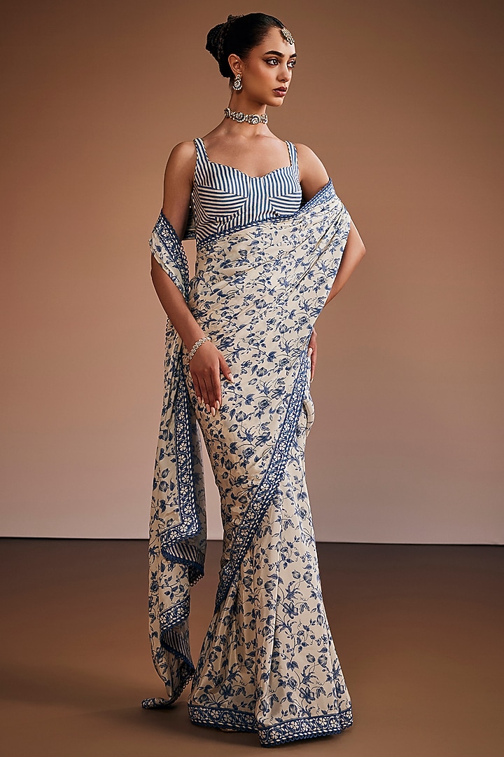 Multi-Colored Silk Floral Printed Party Wear Saree Set by The Royaleum Atelier at Pernia's Pop Up Shop