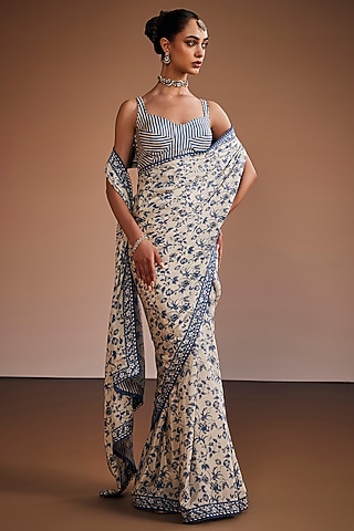 Multi-Colored Silk Floral Printed Saree Set by The Royaleum Atelier