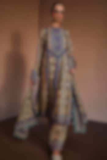 Teal & Blue Silk Floral Printed Party Wear Anarkali Set by The Royaleum Atelier at Pernia's Pop Up Shop