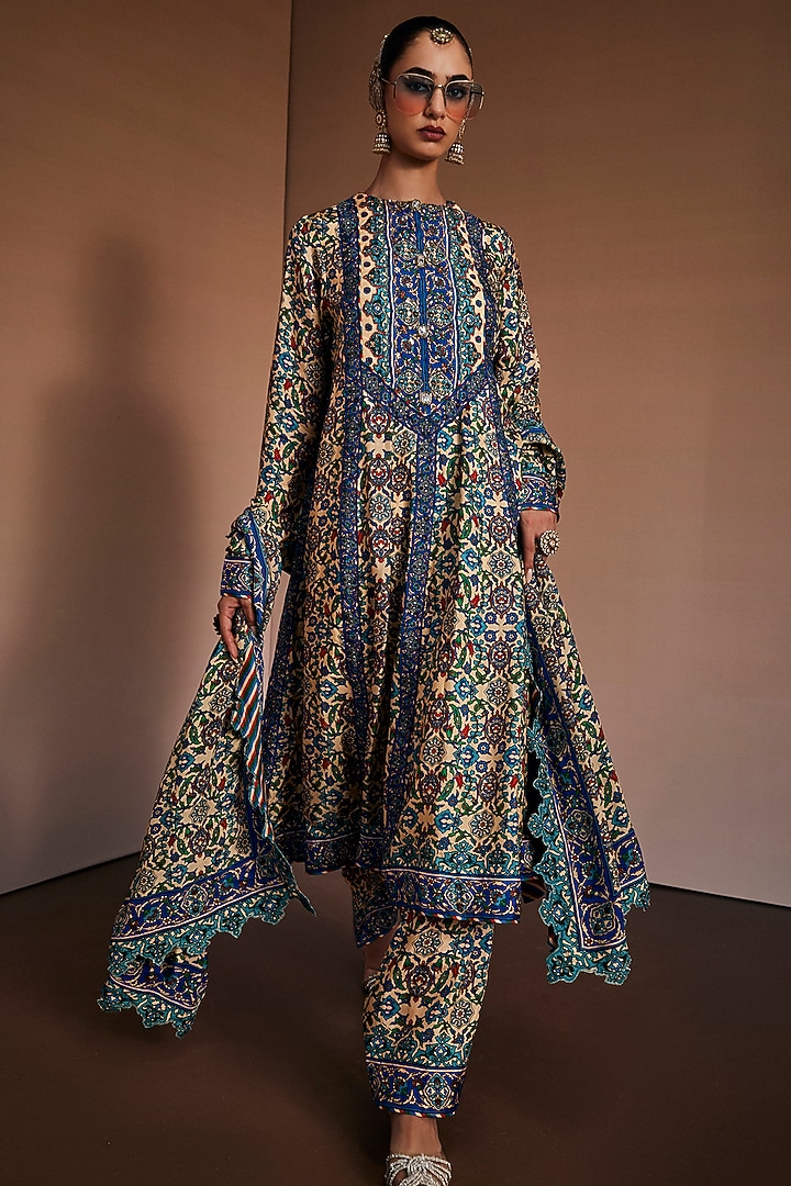Teal & Blue Silk Floral Printed Party Wear Anarkali Set by The Royaleum Atelier at Pernia's Pop Up Shop