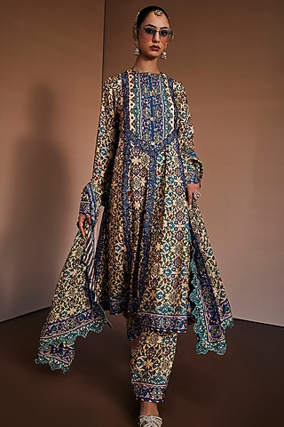 Teal & Blue Silk Floral Printed Anarkali Set by The Royaleum Atelier