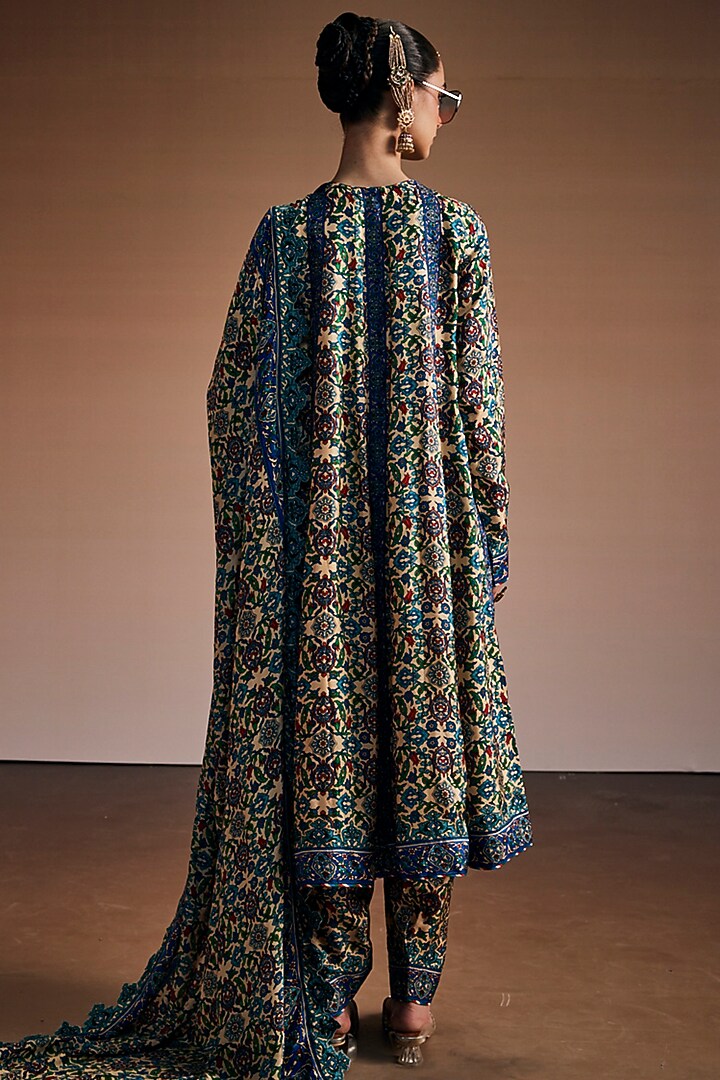Teal & Blue Silk Floral Printed Party Wear Anarkali Set by The Royaleum Atelier at Pernia's Pop Up Shop