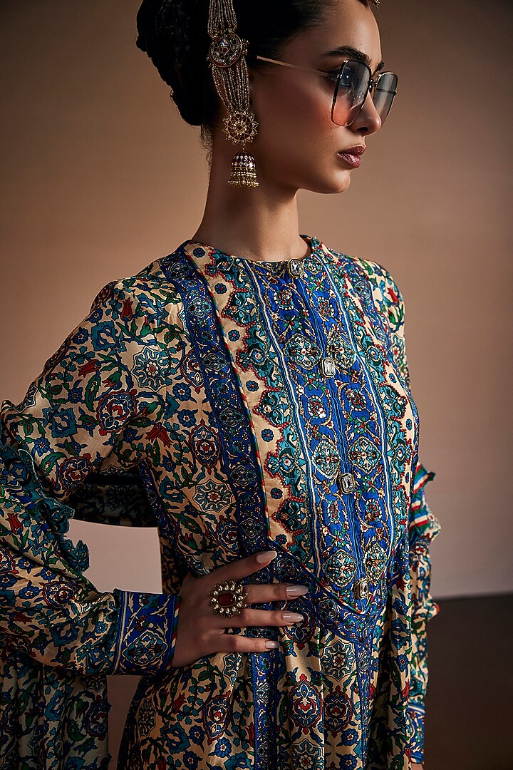 Teal & Blue Silk Floral Printed Party Wear Anarkali Set by The Royaleum Atelier at Pernia's Pop Up Shop