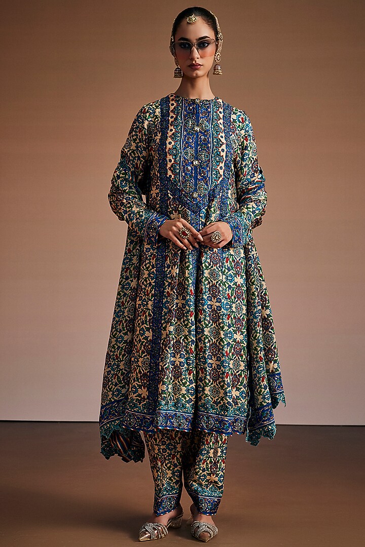 Teal & Blue Silk Floral Printed Party Wear Anarkali Set by The Royaleum Atelier at Pernia's Pop Up Shop
