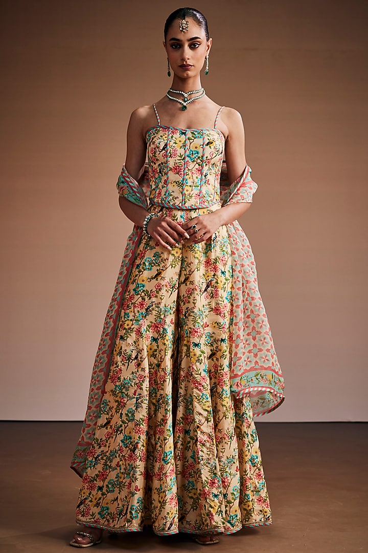 Cream Silk Floral Printed Party Wear Sharara Set by The Royaleum Atelier at Pernia's Pop Up Shop