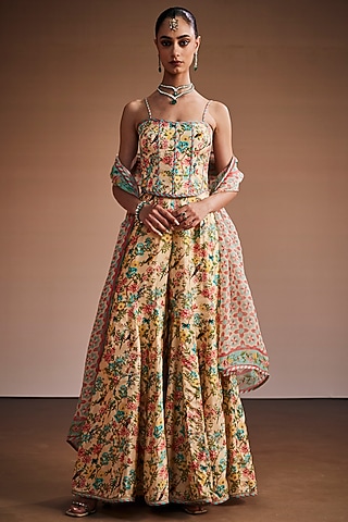 Cream Silk Floral Printed Sharara Set by The Royaleum Atelier