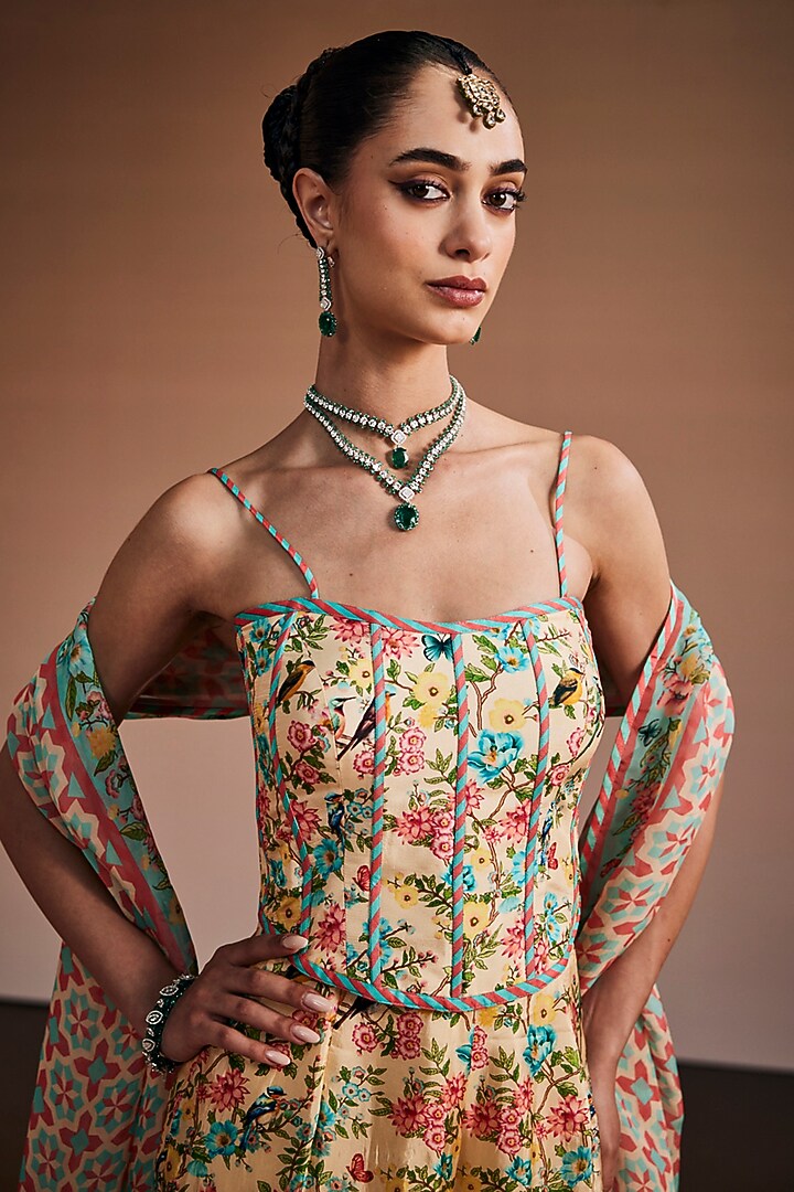 Cream Silk Floral Printed Party Wear Sharara Set by The Royaleum Atelier at Pernia's Pop Up Shop