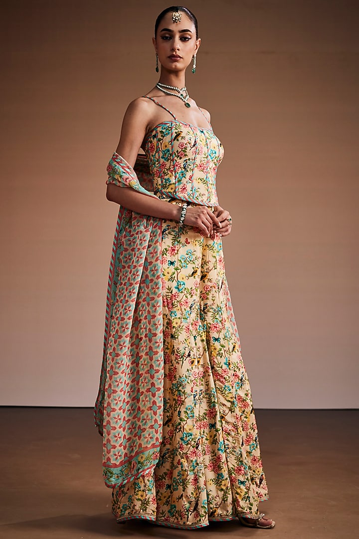 Cream Silk Floral Printed Party Wear Sharara Set by The Royaleum Atelier at Pernia's Pop Up Shop