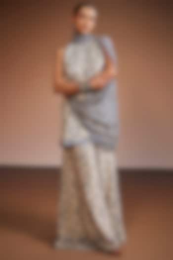 Ivory & Blue Silk Floral Printed Tunic Set by The Royaleum Atelier at Pernia's Pop Up Shop