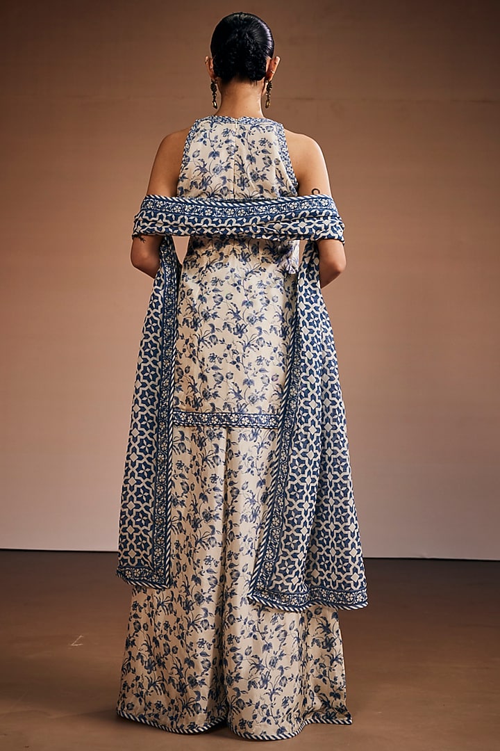 Ivory & Blue Silk Floral Printed Tunic Set by The Royaleum Atelier at Pernia's Pop Up Shop