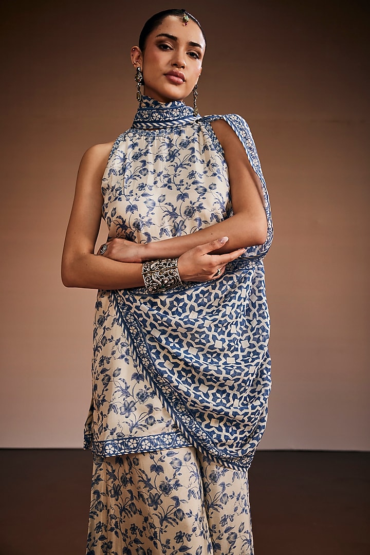 Ivory & Blue Silk Floral Printed Tunic Set by The Royaleum Atelier at Pernia's Pop Up Shop