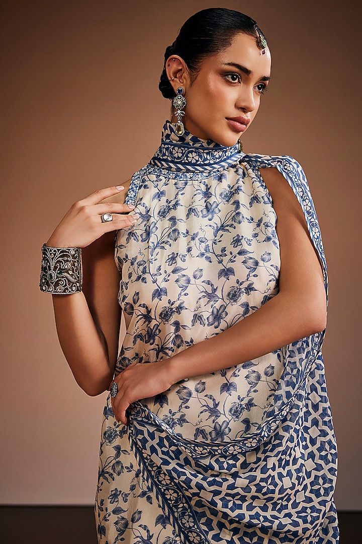 Ivory & Blue Silk Floral Printed Tunic Set by The Royaleum Atelier at Pernia's Pop Up Shop