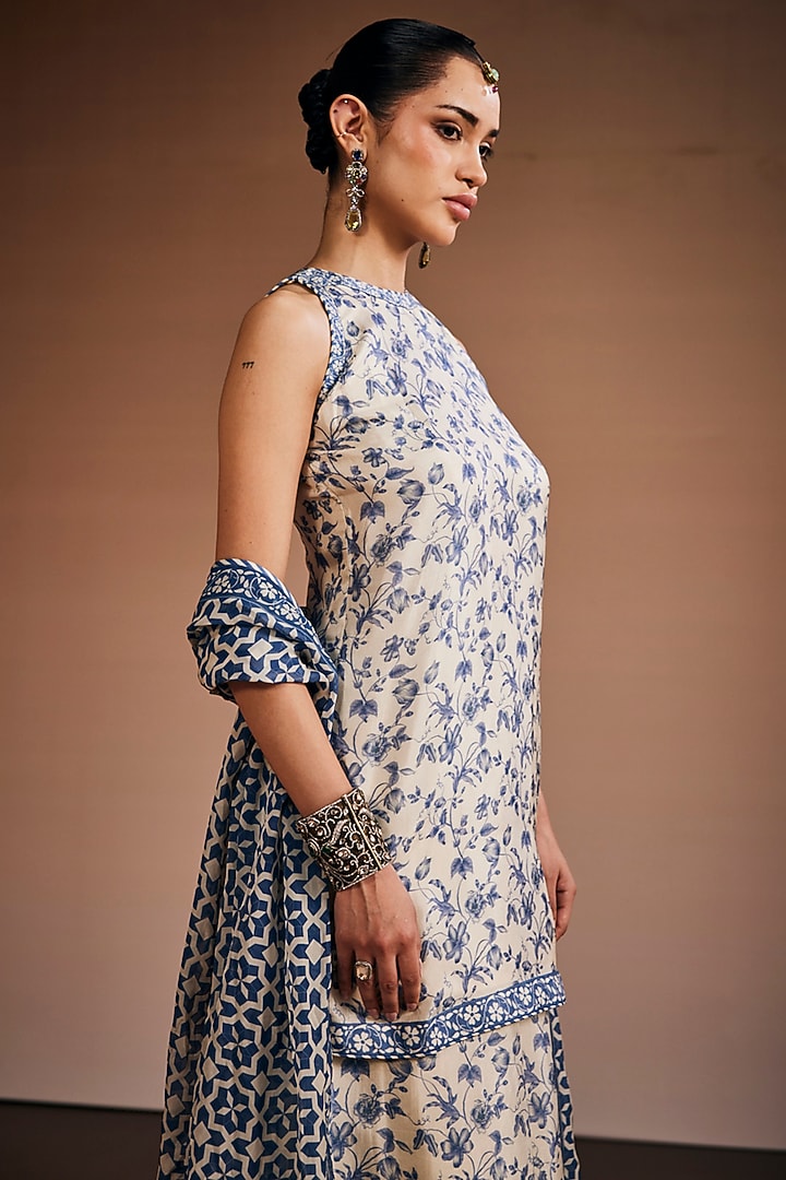 Ivory & Blue Silk Floral Printed Tunic Set by The Royaleum Atelier at Pernia's Pop Up Shop