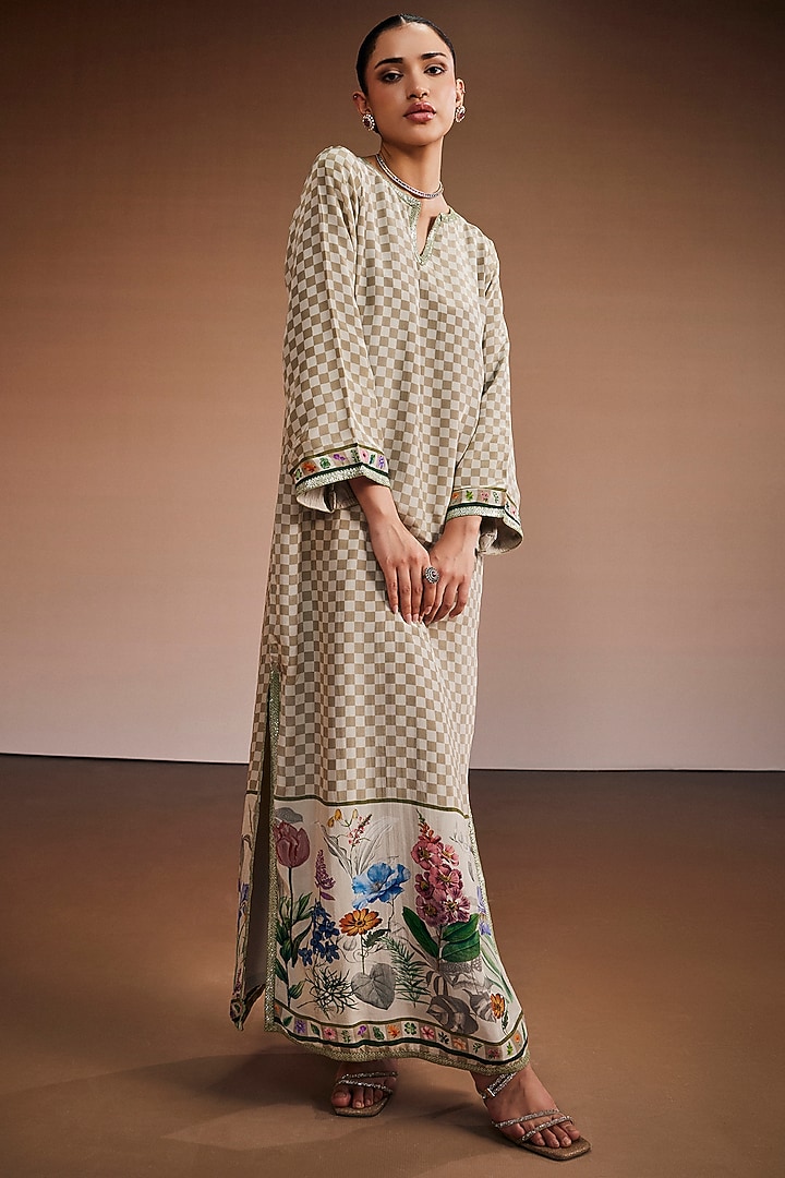 Beige Silk Floral Printed Checkered Kaftan by The Royaleum Atelier at Pernia's Pop Up Shop