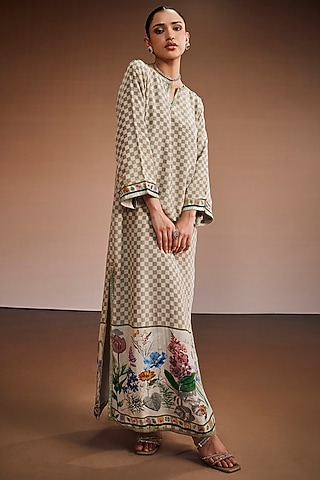 Beige Silk Floral Printed Checkered Kaftan by The Royaleum Atelier