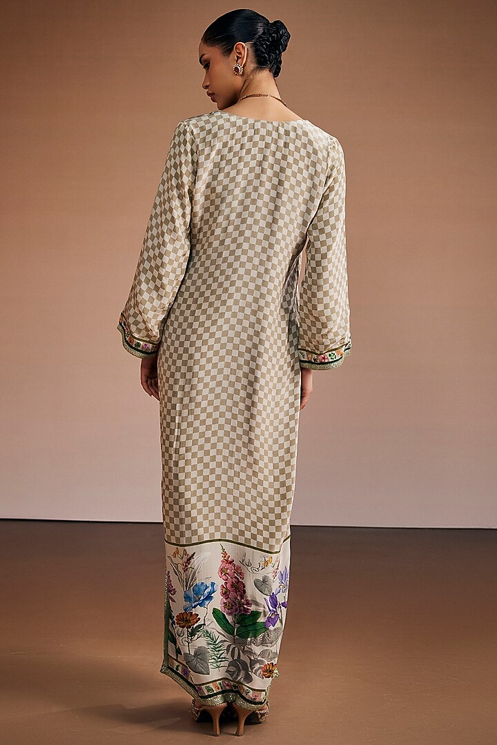 Beige Silk Floral Printed Checkered Kaftan by The Royaleum Atelier at Pernia's Pop Up Shop
