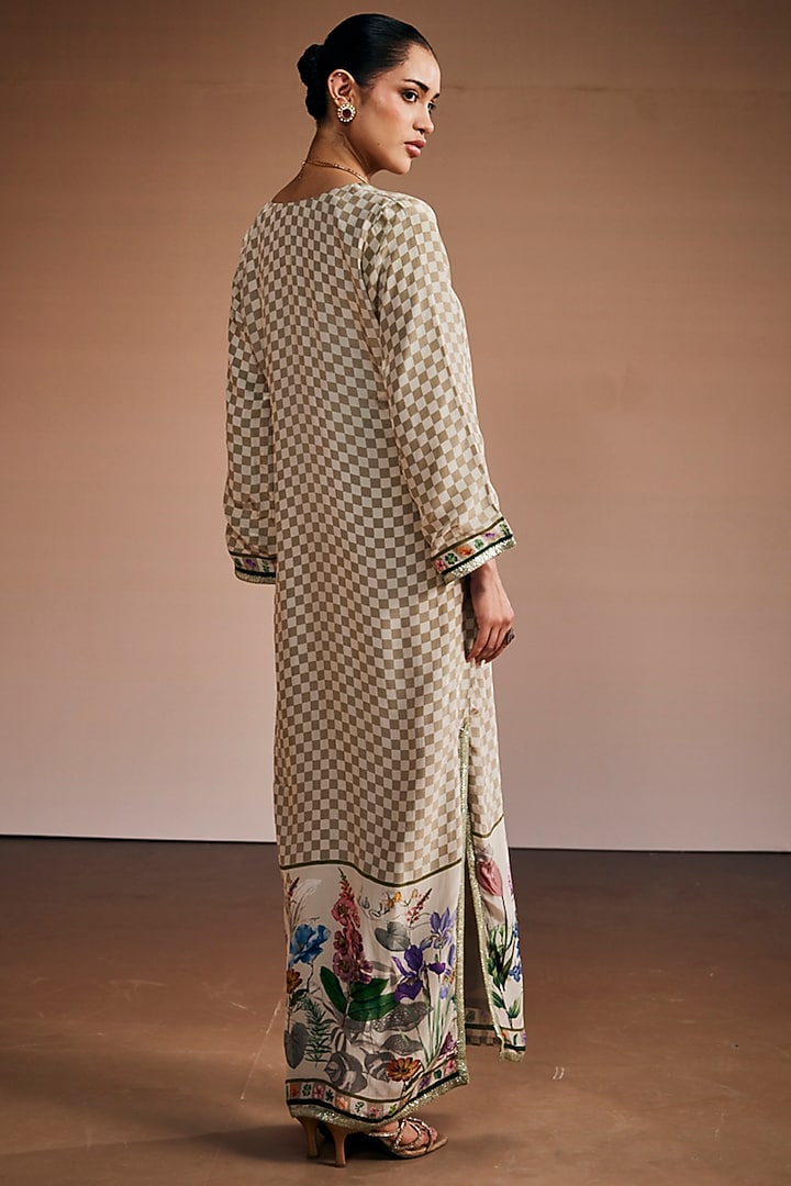 Beige Silk Floral Printed Checkered Kaftan by The Royaleum Atelier at Pernia's Pop Up Shop