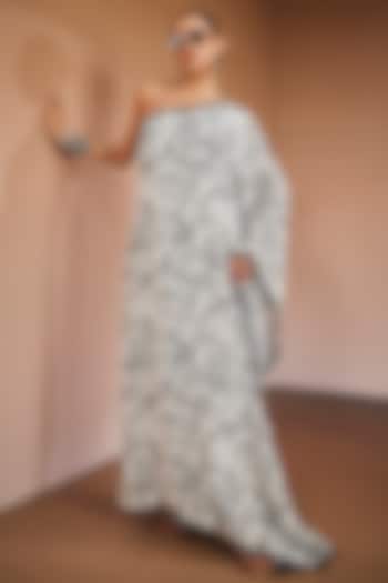 Black & White Silk Floral Printed One-Shoulder Kaftan by The Royaleum Atelier at Pernia's Pop Up Shop