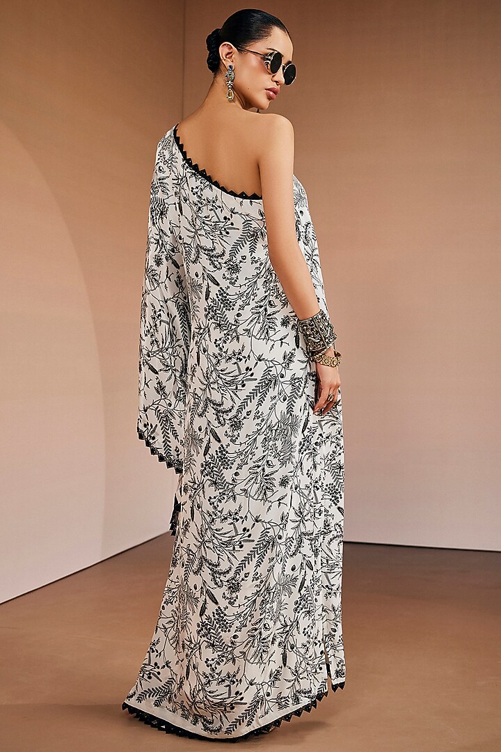 Black & White Silk Floral Printed One-Shoulder Kaftan by The Royaleum Atelier at Pernia's Pop Up Shop