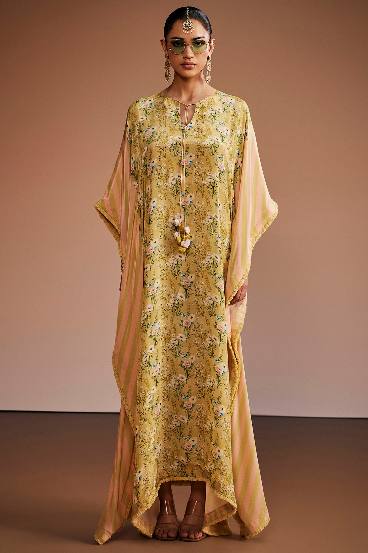 The Royaleum Atelier Sage Green & Blush Pink Silk Floral Embroidered Kaftan