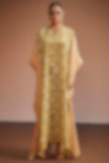 Sage Green & Blush Pink Silk Floral Embroidered Kaftan by The Royaleum Atelier at Pernia's Pop Up Shop