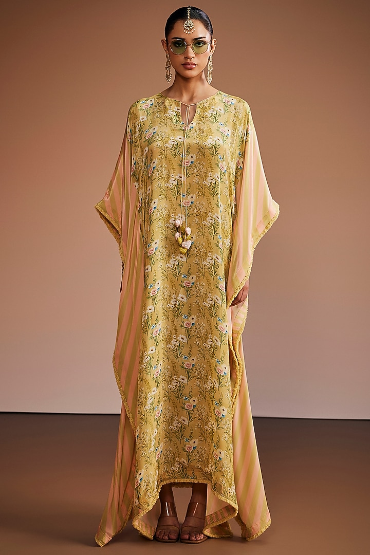 Sage Green & Blush Pink Silk Floral Embroidered Kaftan by The Royaleum Atelier at Pernia's Pop Up Shop