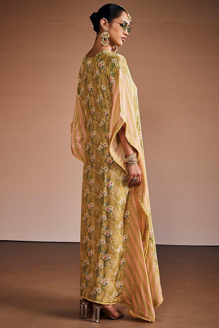 Sage Green & Blush Pink Silk Floral Embroidered Kaftan by The Royaleum Atelier at Pernia's Pop Up Shop