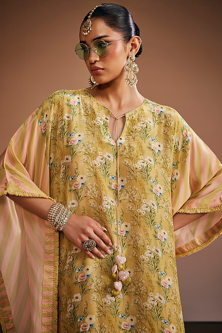Sage Green & Blush Pink Silk Floral Embroidered Kaftan by The Royaleum Atelier at Pernia's Pop Up Shop