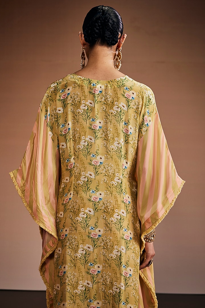 Sage Green & Blush Pink Silk Floral Embroidered Kaftan by The Royaleum Atelier at Pernia's Pop Up Shop