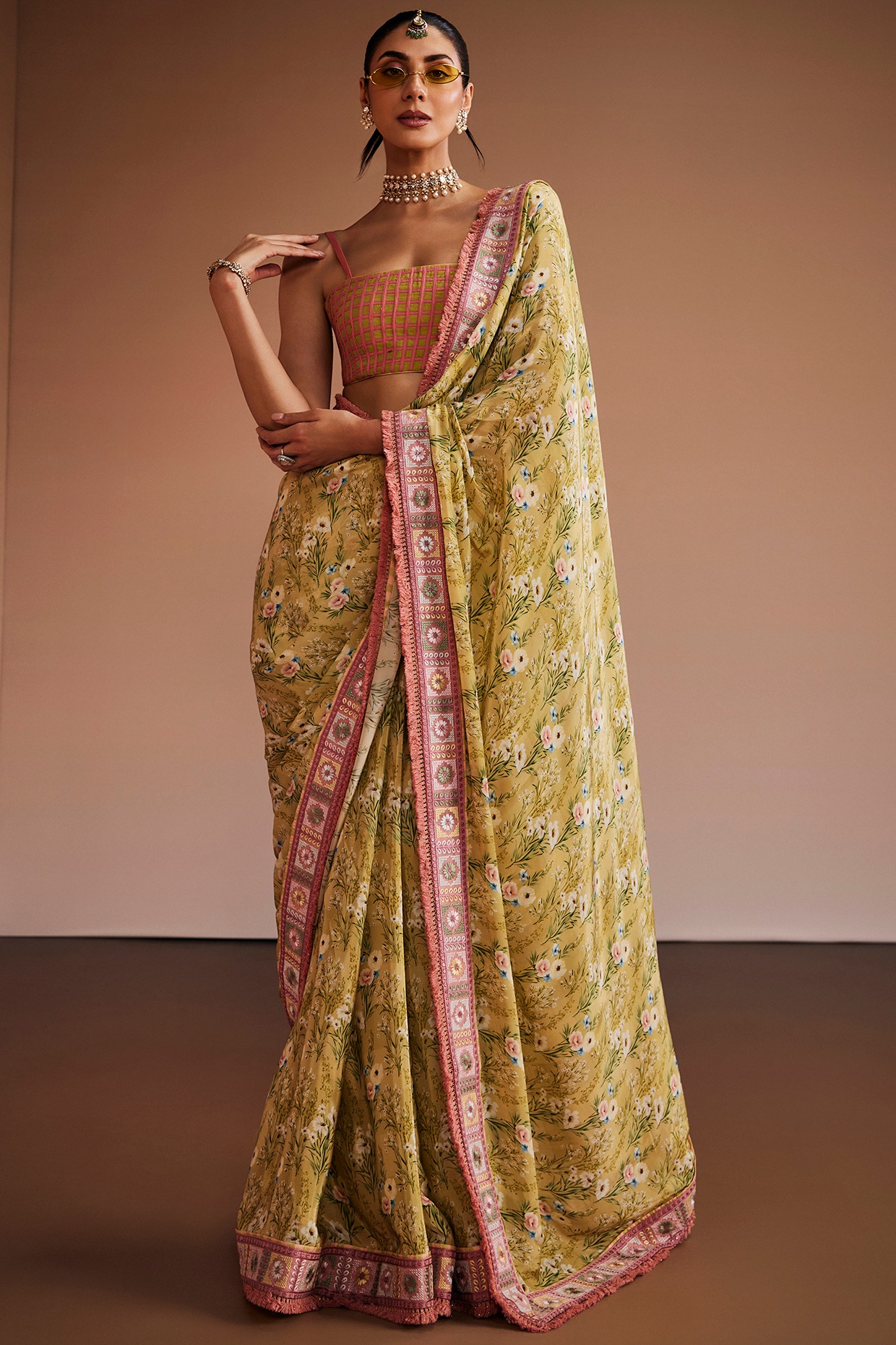 The Royaleum Atelier Sage Green & Blush Pink Silk Floral Printed Saree Set