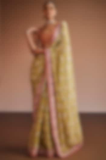 Sage Green & Blush Pink Silk Floral Printed Party Wear Saree Set by The Royaleum Atelier at Pernia's Pop Up Shop