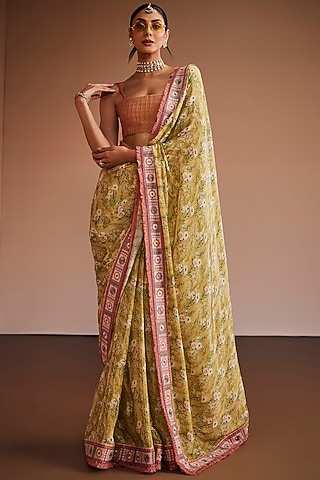 Sage Green & Blush Pink Silk Floral Printed Saree Set by The Royaleum Atelier