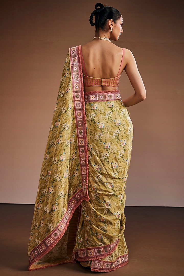Sage Green & Blush Pink Silk Floral Printed Party Wear Saree Set by The Royaleum Atelier at Pernia's Pop Up Shop