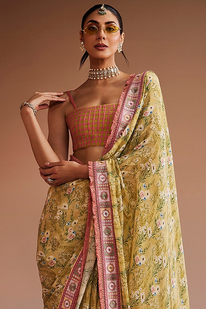 Sage Green & Blush Pink Silk Floral Printed Party Wear Saree Set by The Royaleum Atelier at Pernia's Pop Up Shop