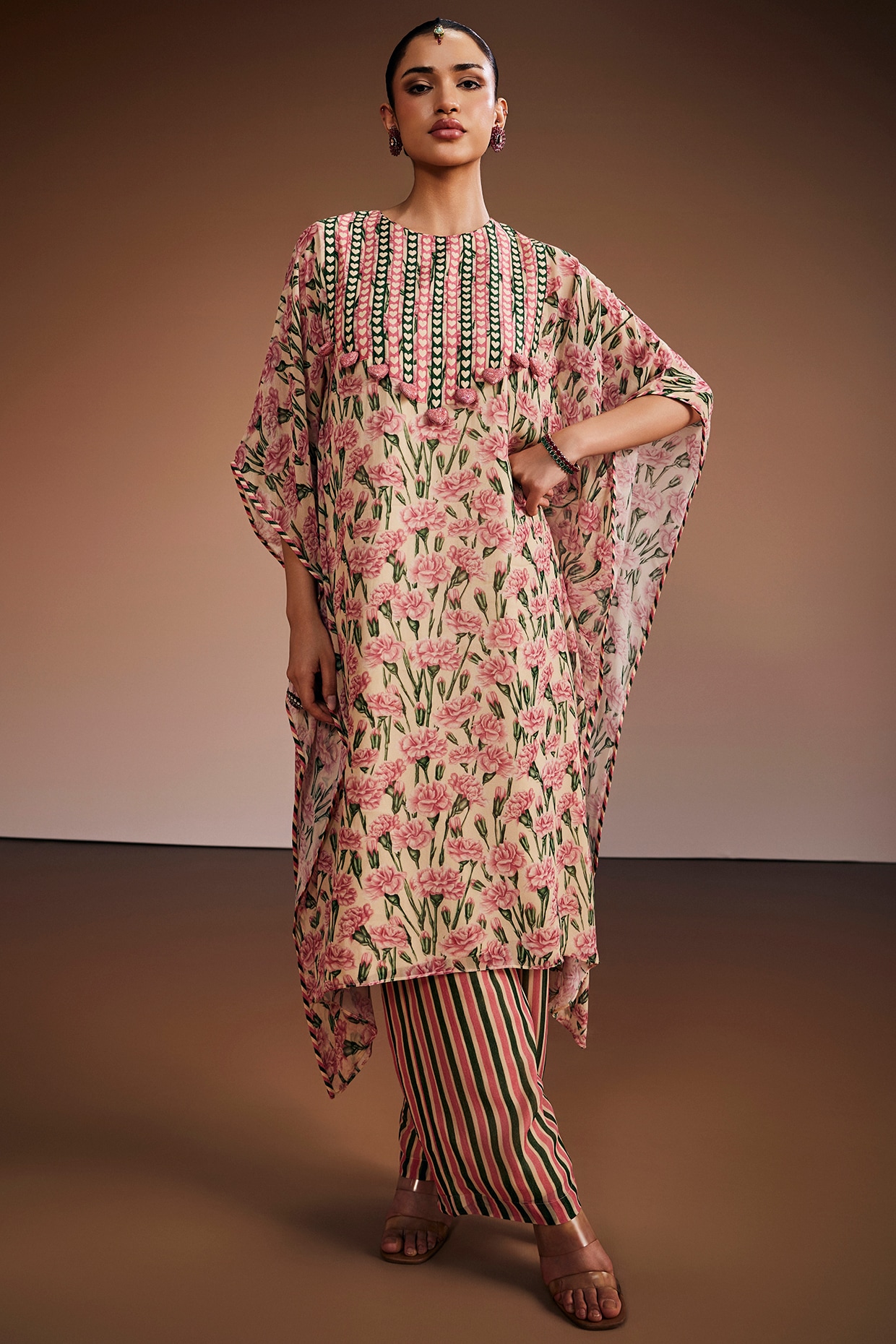 The Royaleum Atelier Carnation Pink & Ivory Silk Floral Printed Kaftan Set