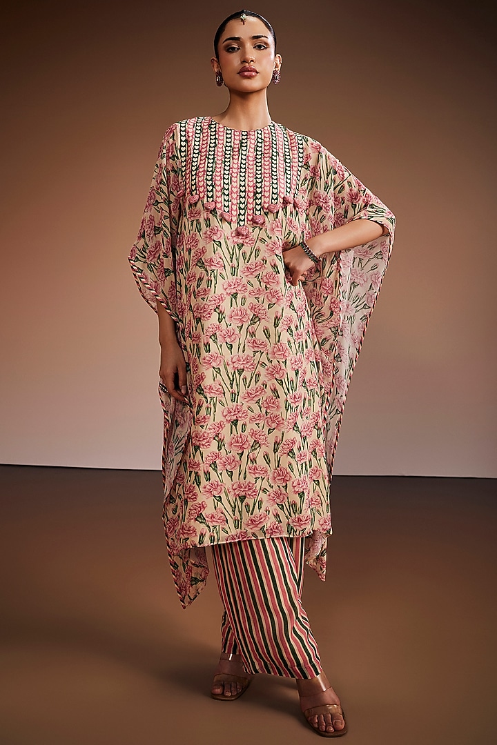 Carnation Pink & Ivory Silk Floral Printed Kaftan Set by The Royaleum Atelier at Pernia's Pop Up Shop