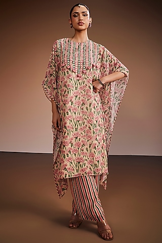 Carnation Pink & Ivory Silk Floral Printed Kaftan Set by The Royaleum Atelier