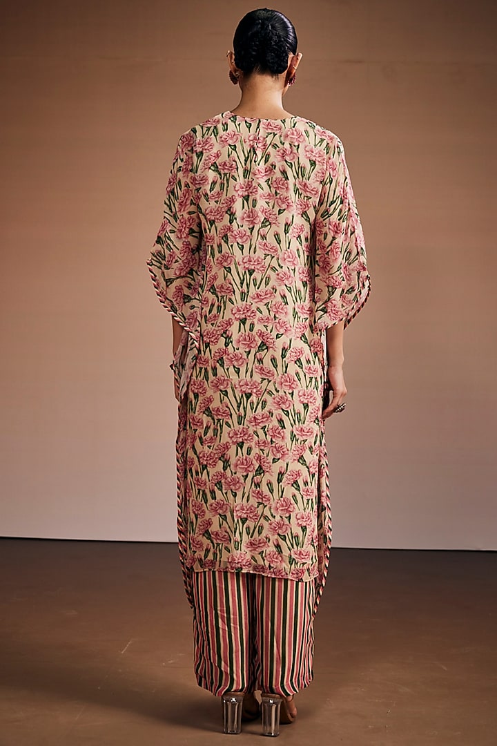 Carnation Pink & Ivory Silk Floral Printed Kaftan Set by The Royaleum Atelier at Pernia's Pop Up Shop