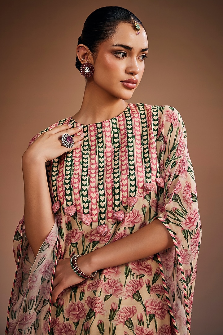 Carnation Pink & Ivory Silk Floral Printed Kaftan Set by The Royaleum Atelier at Pernia's Pop Up Shop