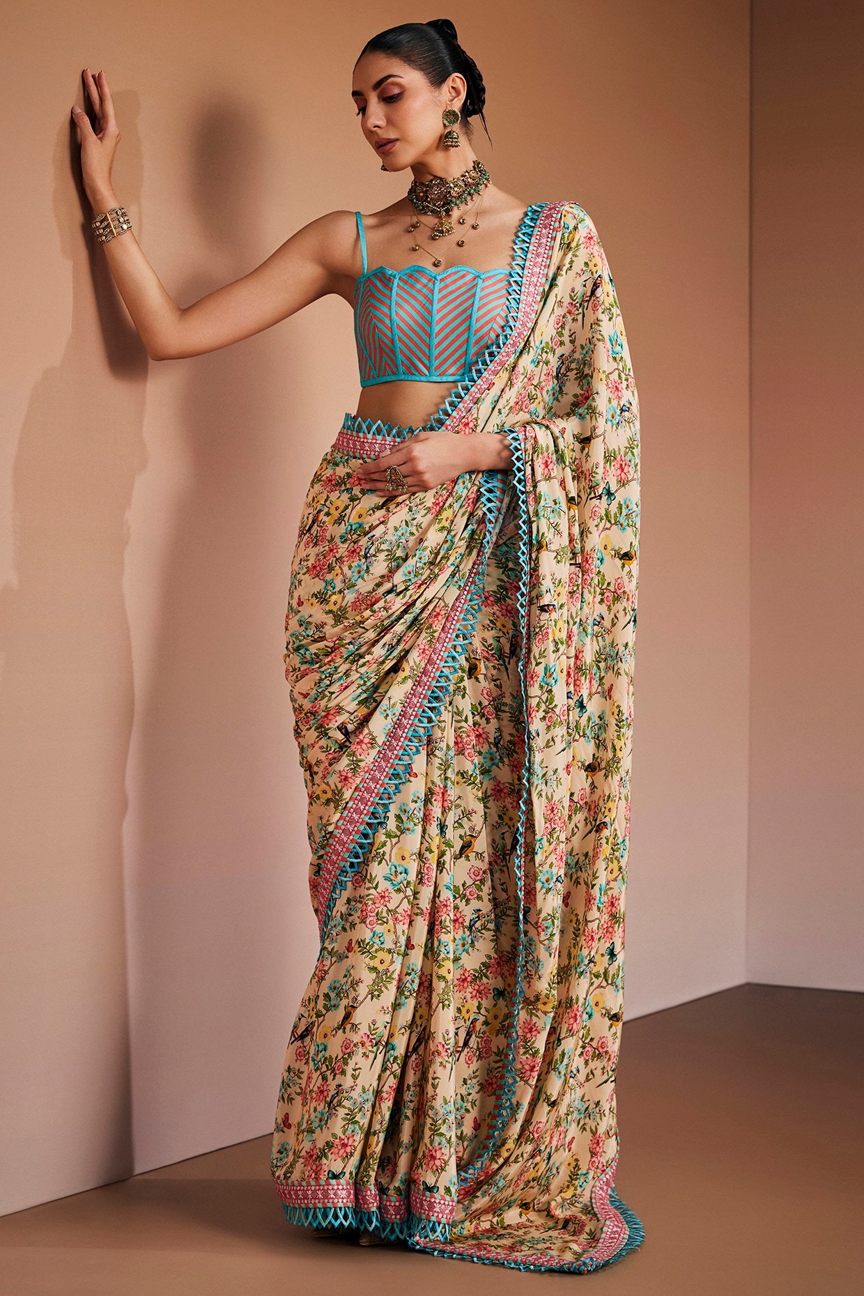 The Royaleum Atelier Beige Silk Floral Printed Saree Set