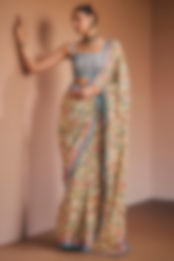 Beige Silk Floral Printed Party Wear Saree Set by The Royaleum Atelier at Pernia's Pop Up Shop