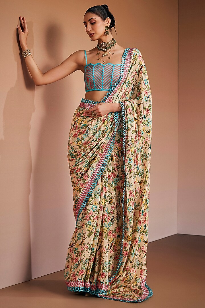 Beige Silk Floral Printed Party Wear Saree Set by The Royaleum Atelier at Pernia's Pop Up Shop